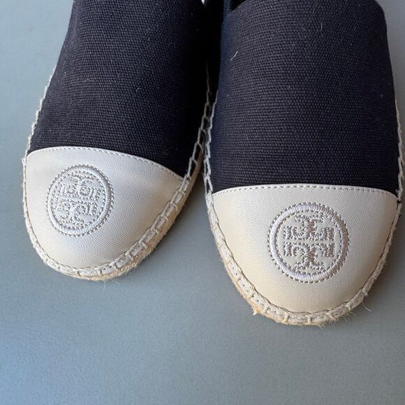 Tory Burch Canvas Black Ivory Color Block Flat Espadrille Size 10.5 Cap Toe - Picture 11 of 14